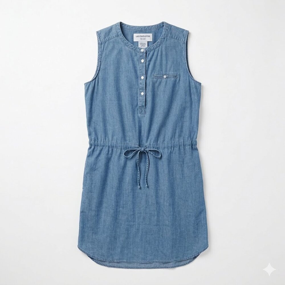 Liz Claiborne Sleeveless Denim Dress Size L Blue Drawstring Waist Casual Coastal